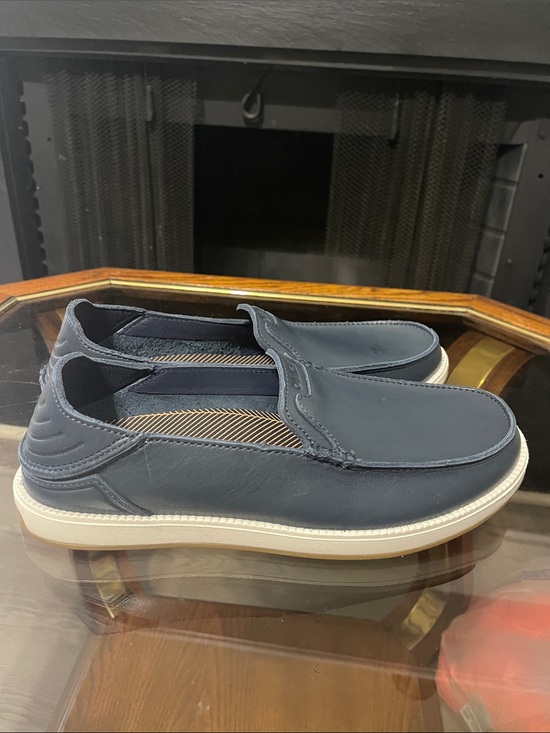 OluKai Men\'s Navy Leather Slip-On Loafers with Cream Sole main image 3